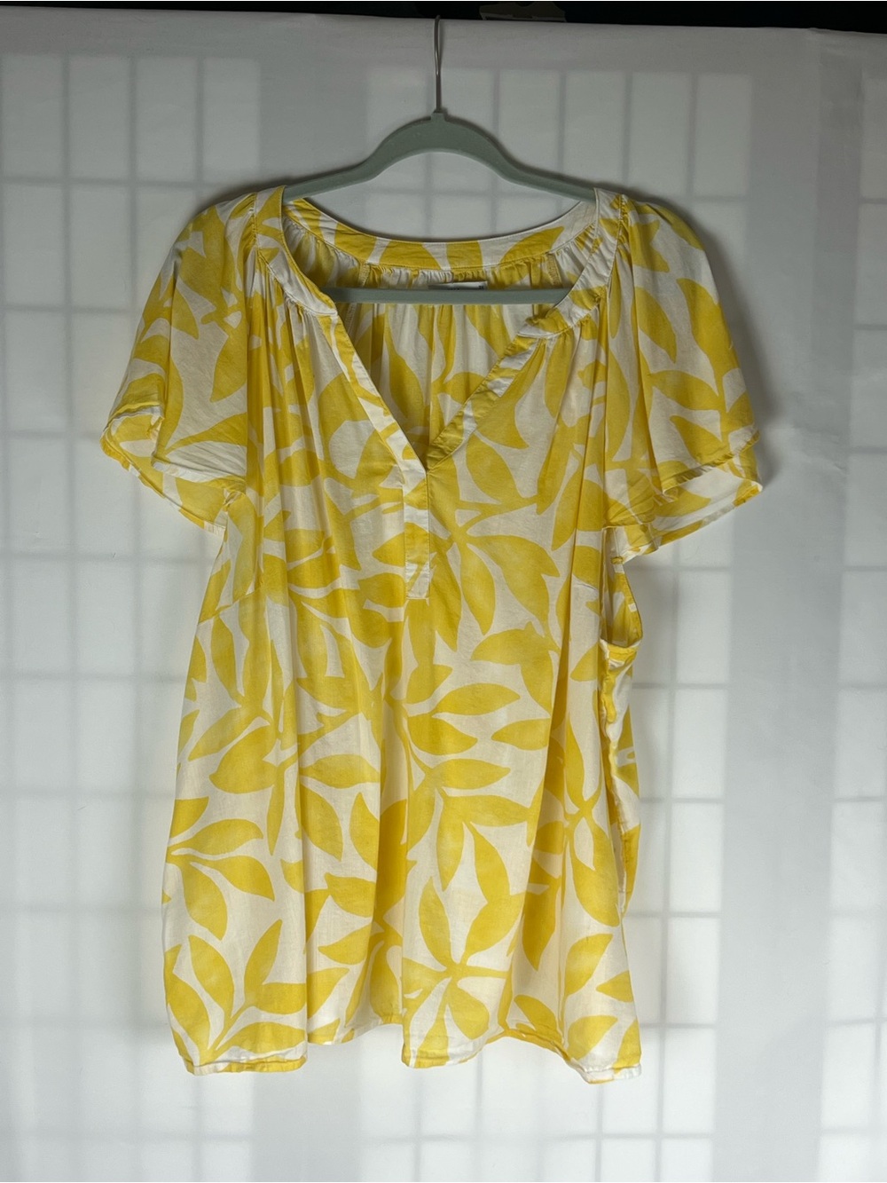 Sonoma Yellow & White Tropical Leaf Peasant Top Plus 3X Beachy Boho Coastal